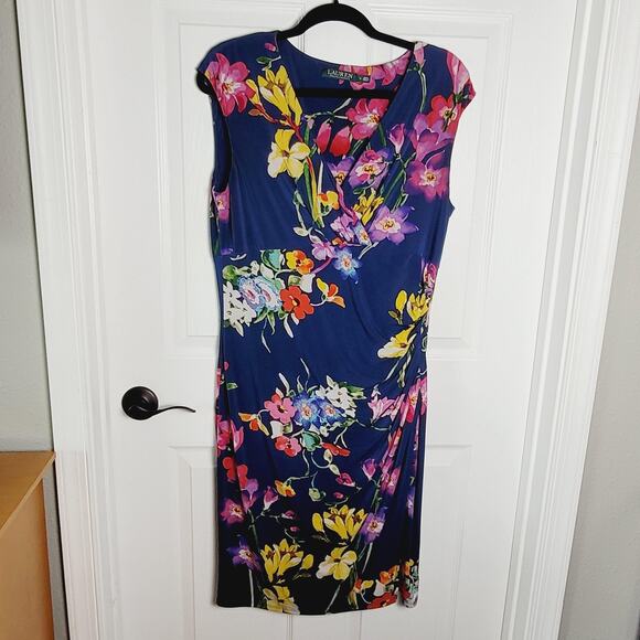 Lauren Ralph Lauren Dresses & Skirts - Lauren Ralph Lauren Dress Womens 14 Blue Floral Sleeveless Ruched Stretch Sheath